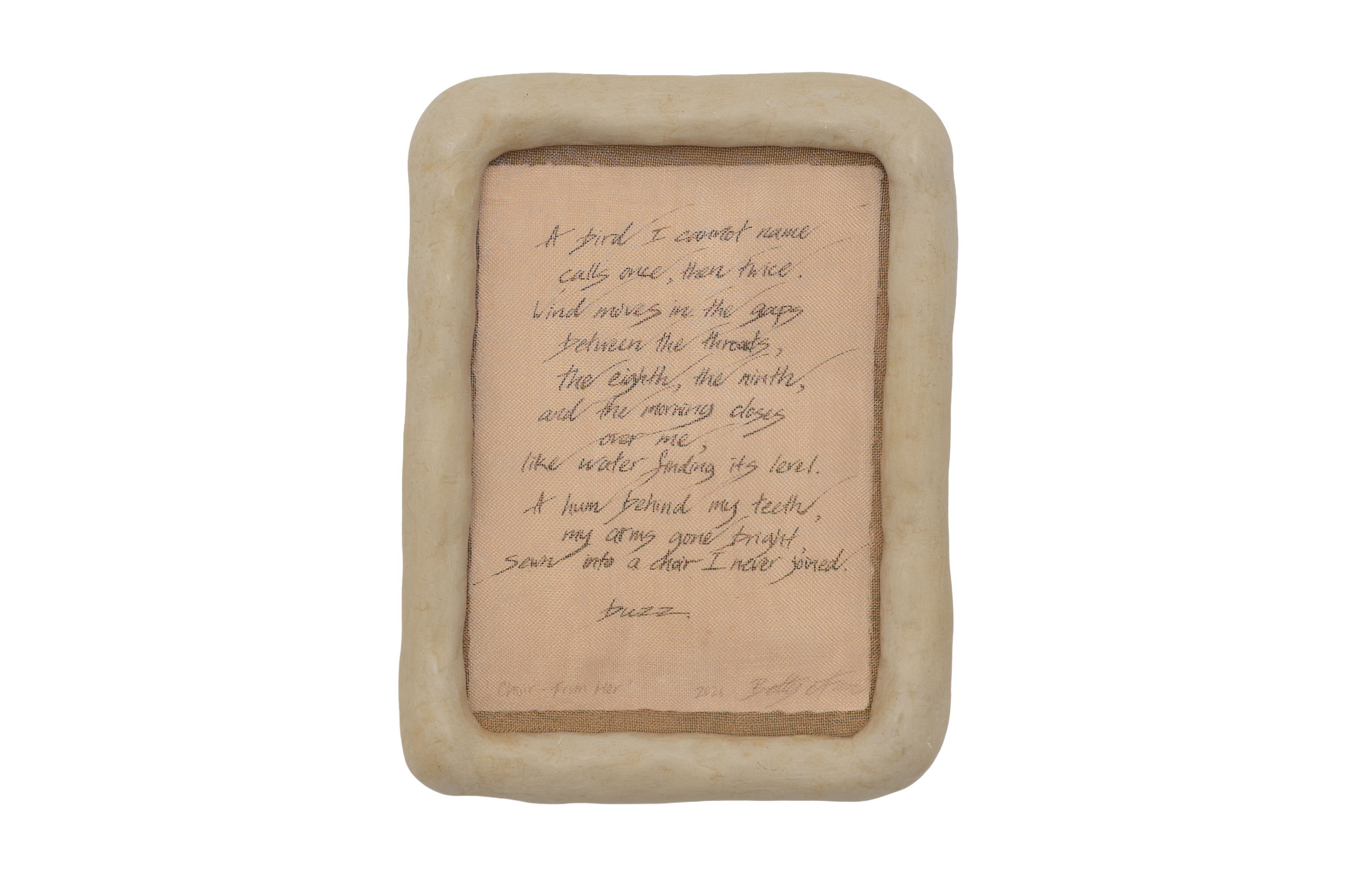 Betty C Fan, Choir – From Bird. A tall ceramic work with rounded edges and handwritten words on a pink inset.