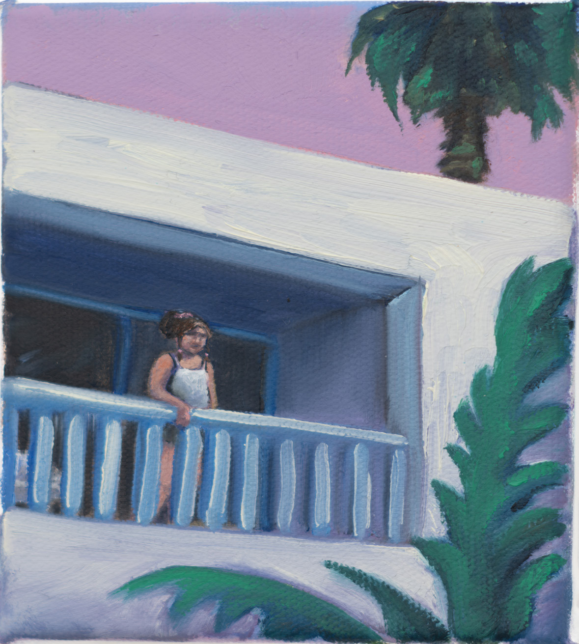 A woman at a blue balcony beneath a pink sky and dark foliage.