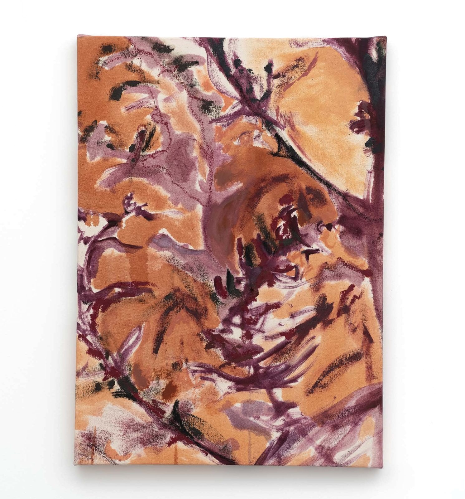 A painting of tangled purple branches over a warm orange ground.