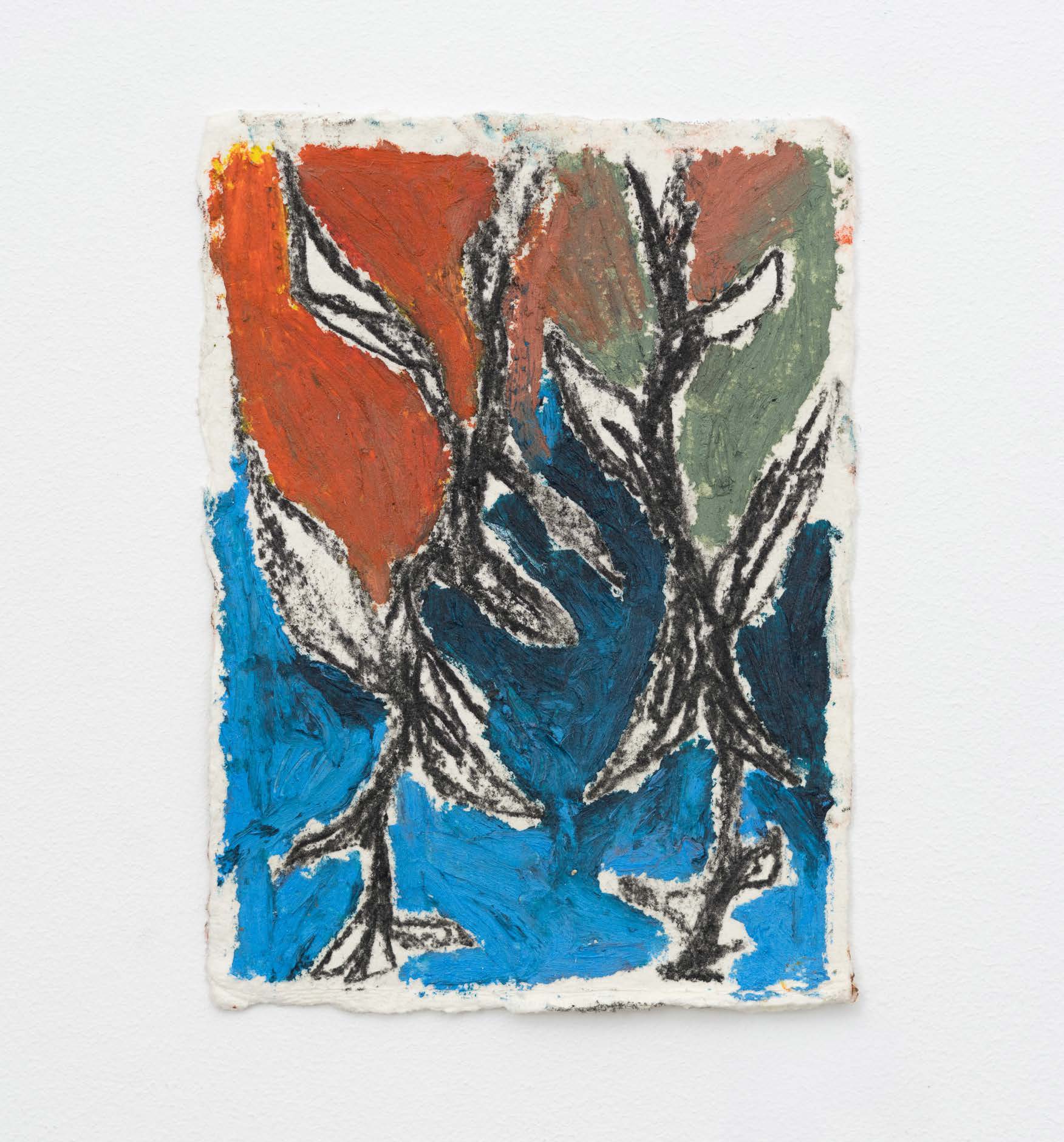 A branching dark stem over bright orange, blue and pale green on paper.