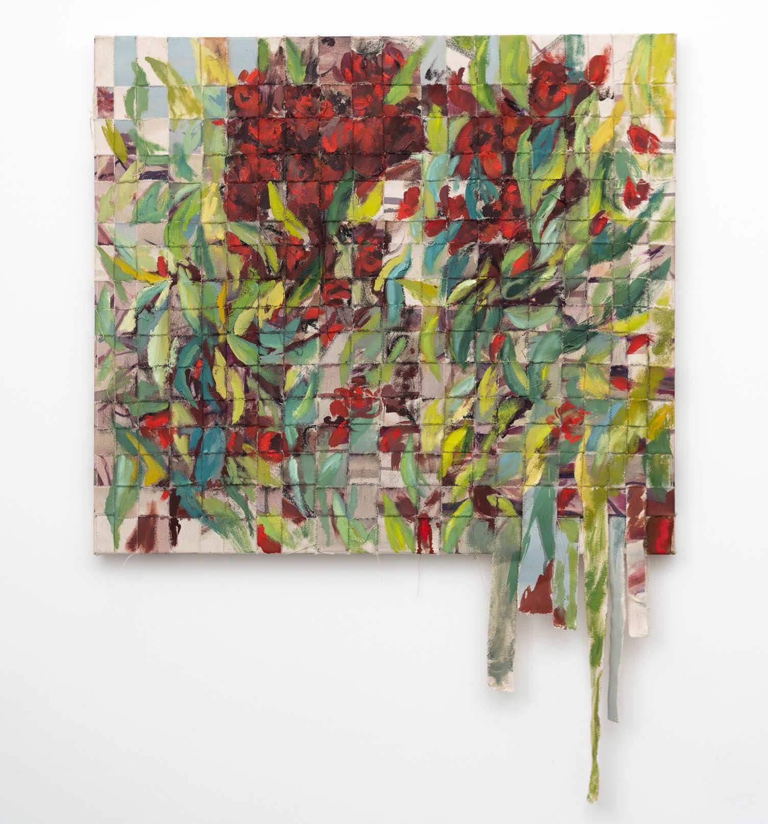 A bright woven canvas of red, yellow and green marks with loose strips trailing below.