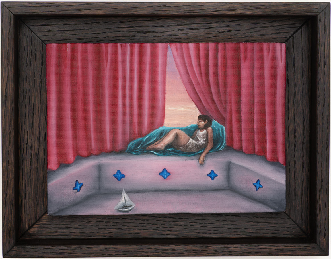 A reclining figure before red curtains, shown in a dark wooden frame.