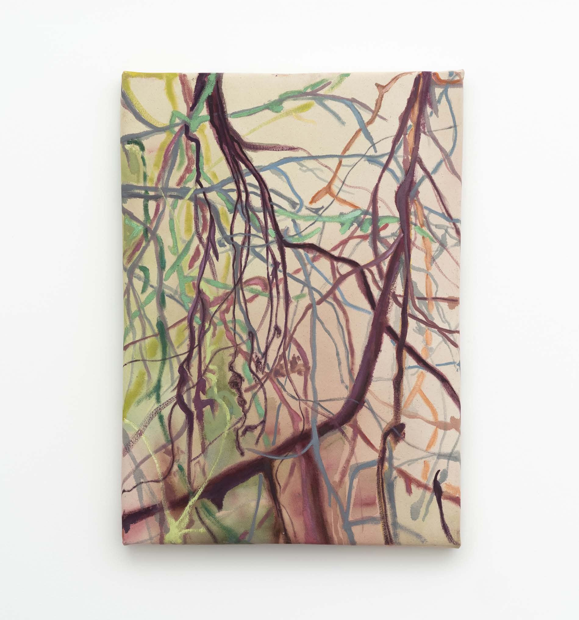 A canvas of branching red, purple and green lines against a pale yellow ground.