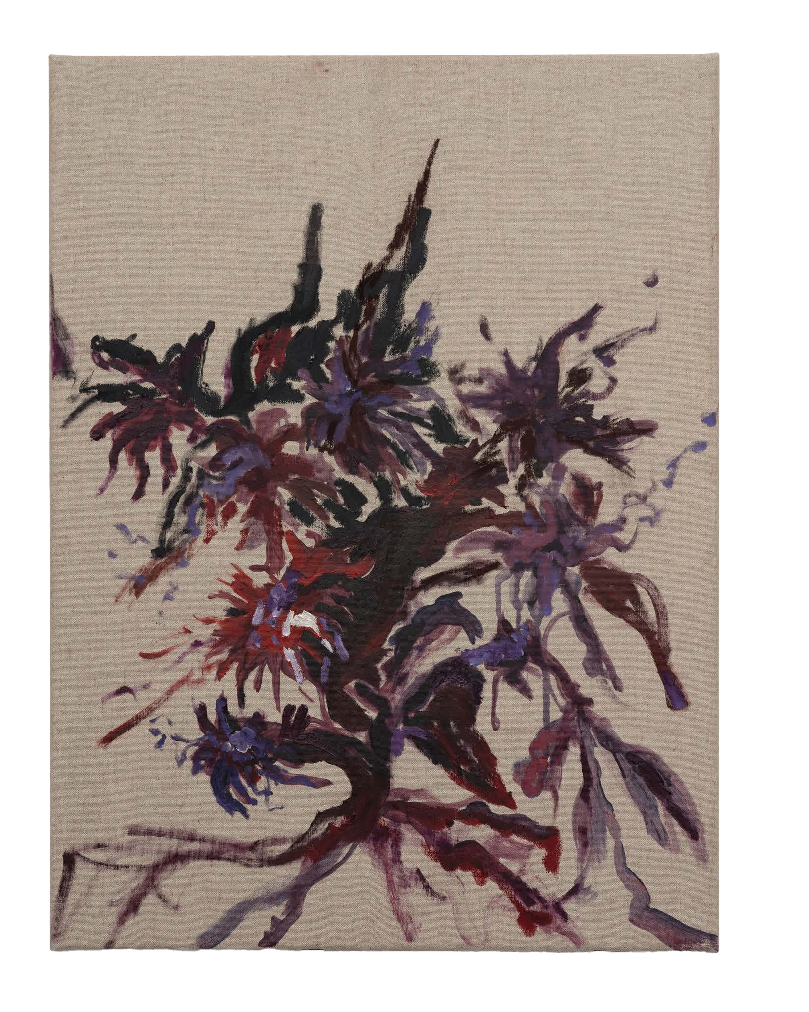One of two paintings of dark sunflower stems and petals on a natural linen ground.