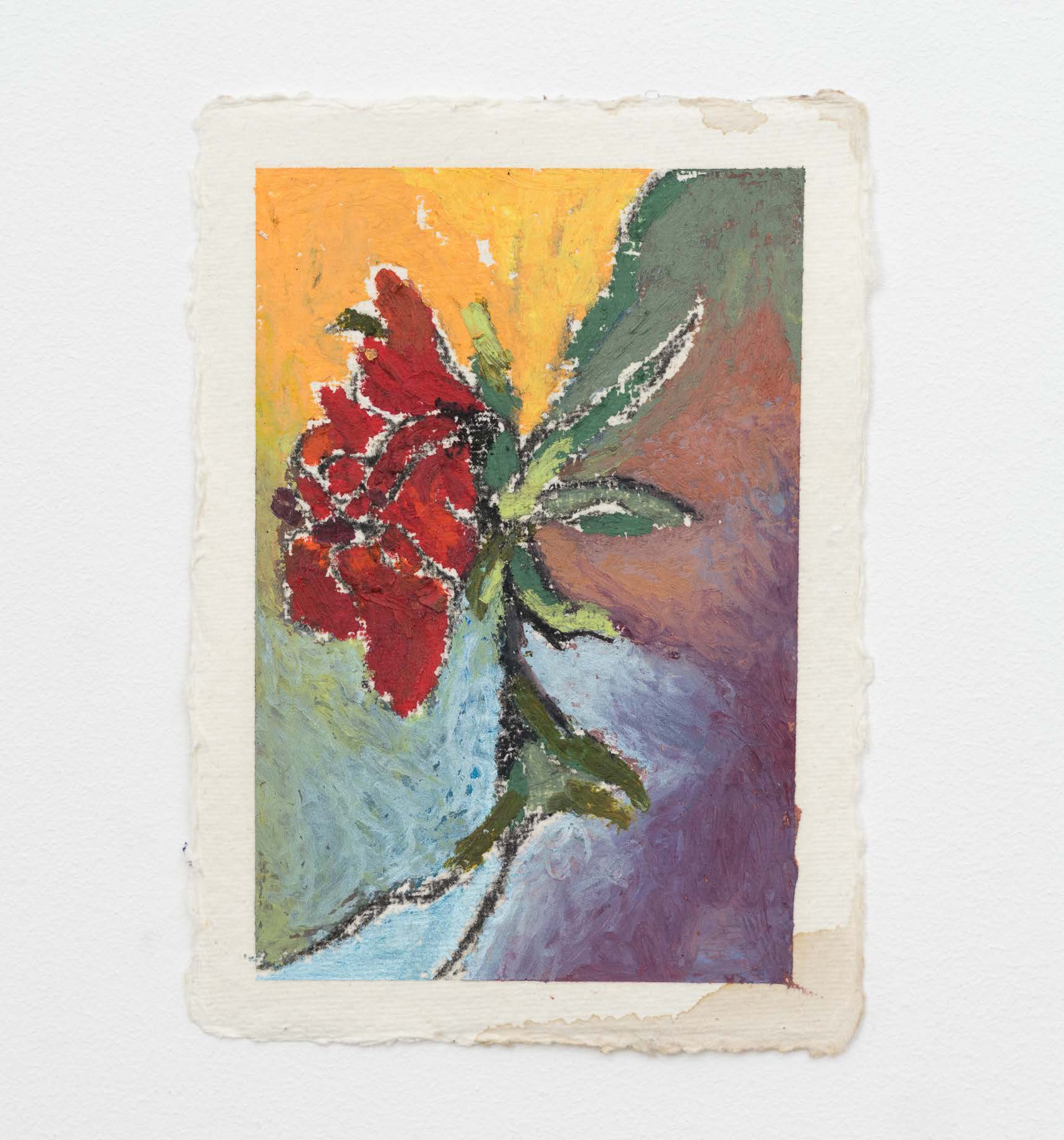 A red flower on a slender stem against yellow and pale blue on paper.
