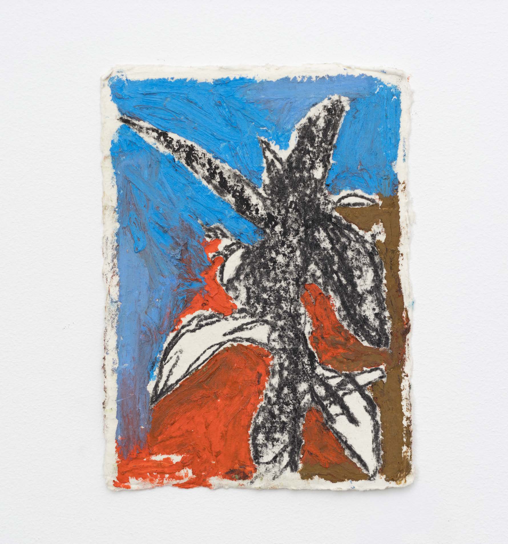 A dark flowering stem surrounded by blue, yellow and reddish brown on paper.