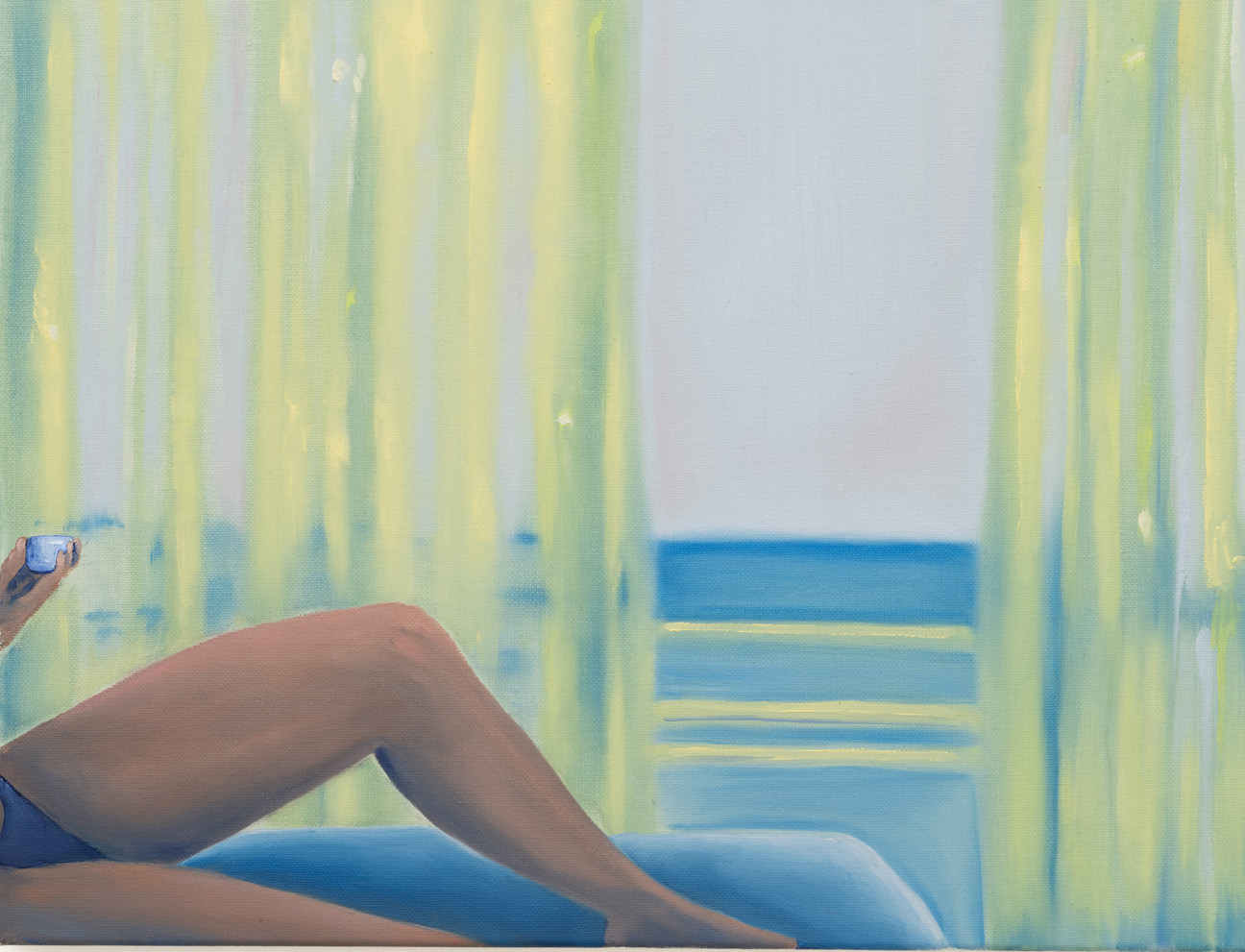 A reclining figure’s legs beside a window with yellow curtains and a view of the sea.