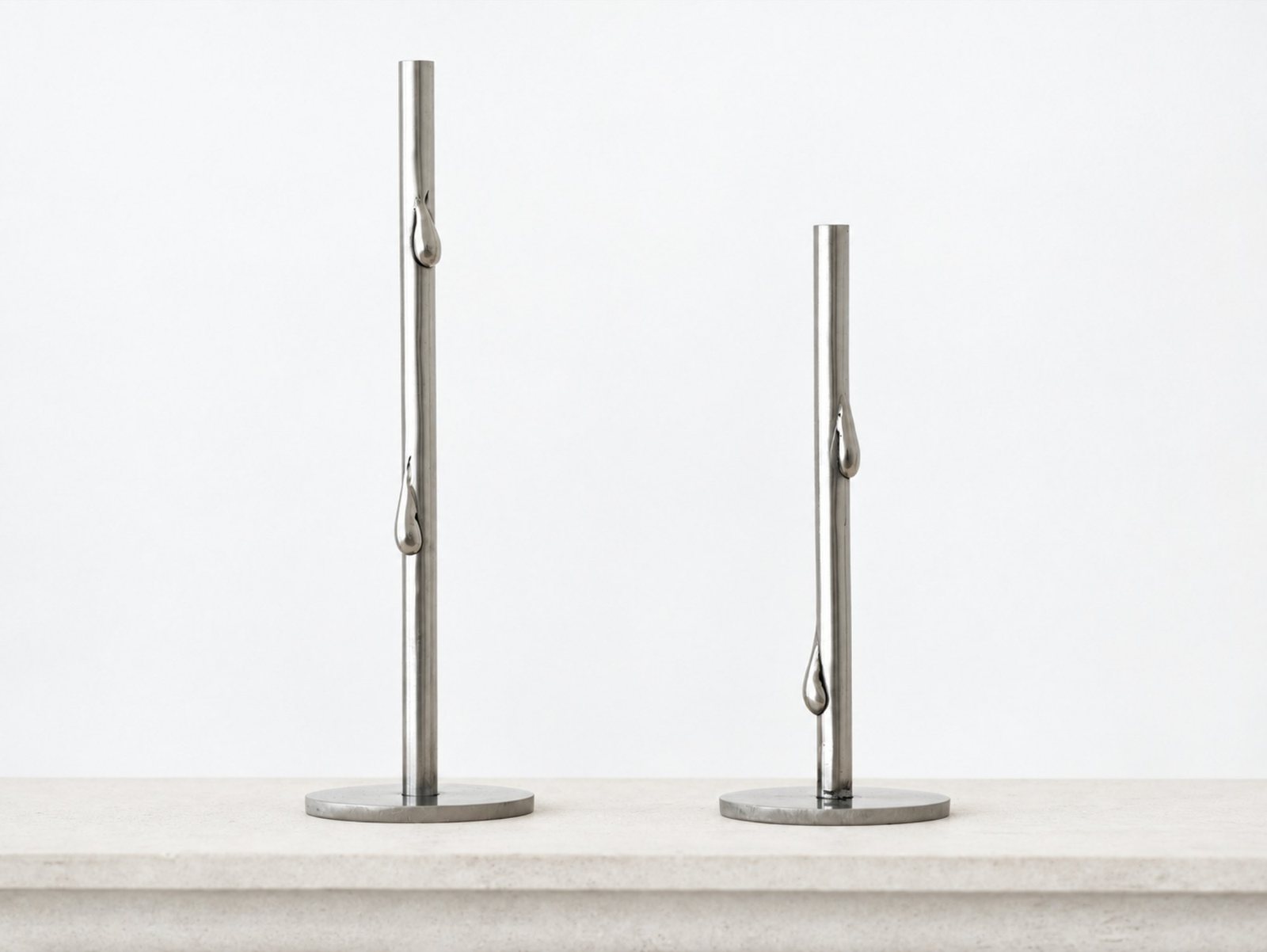 Two steel candlesticks of different heights with teardrops running down their stems.