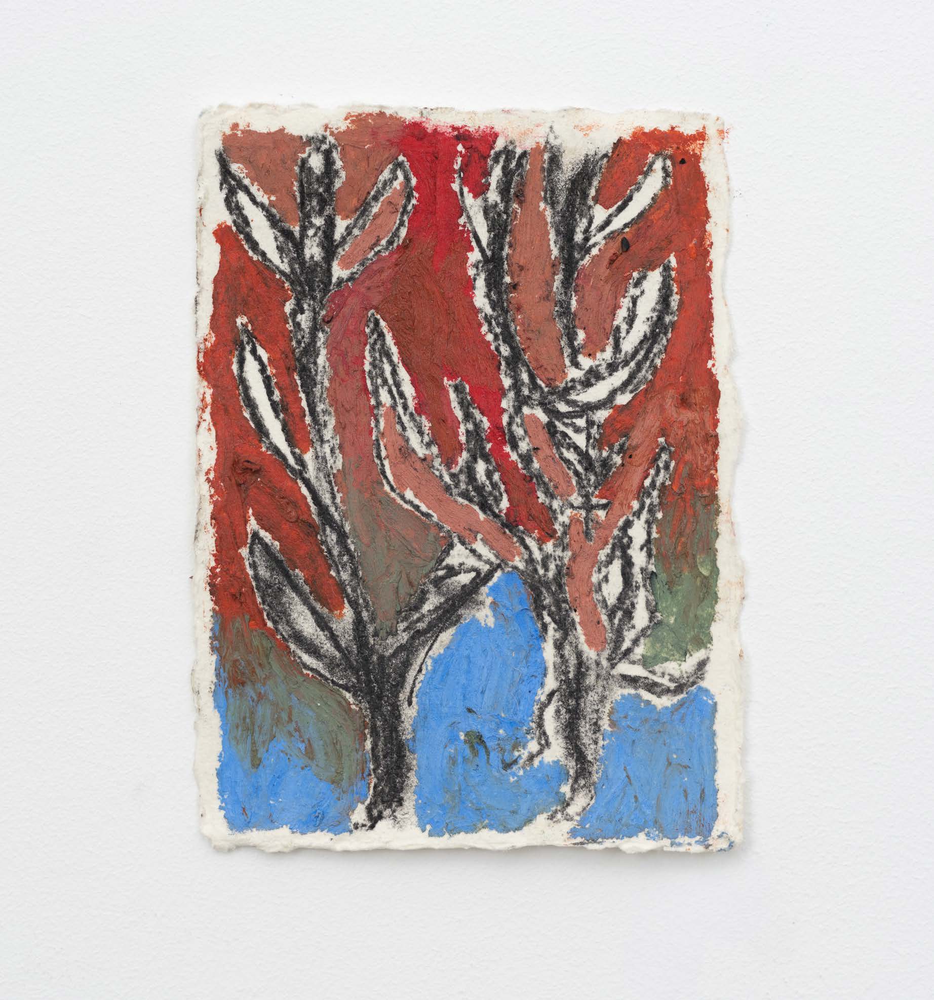 Two dark sage stems against red, blue and pale green passages on paper.