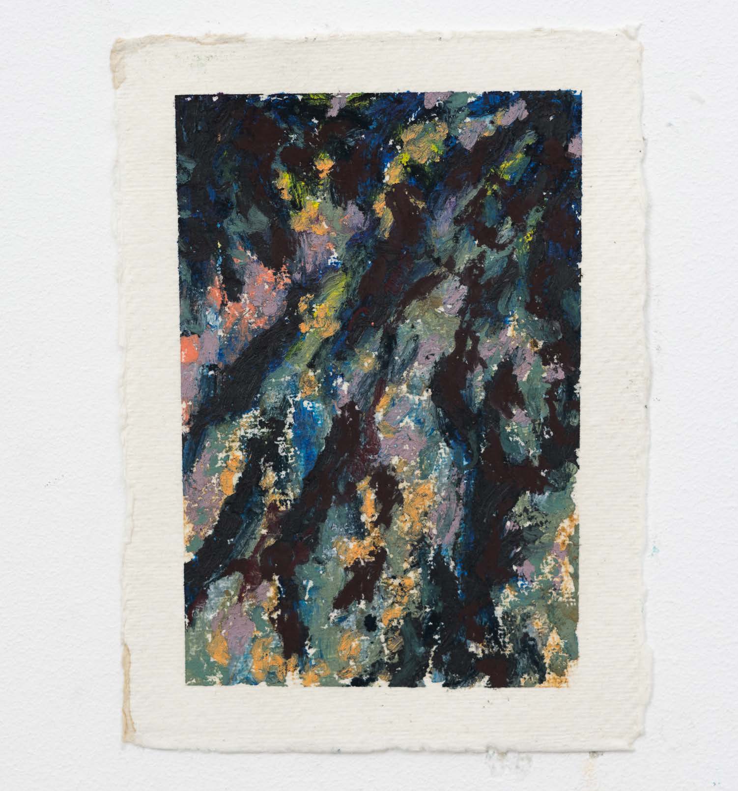 A small dark drawing with patches of blue, yellow, cream and red.