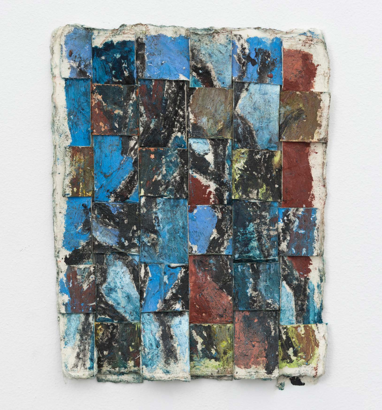 A small woven paper work in bright blue, black, grey and cream.