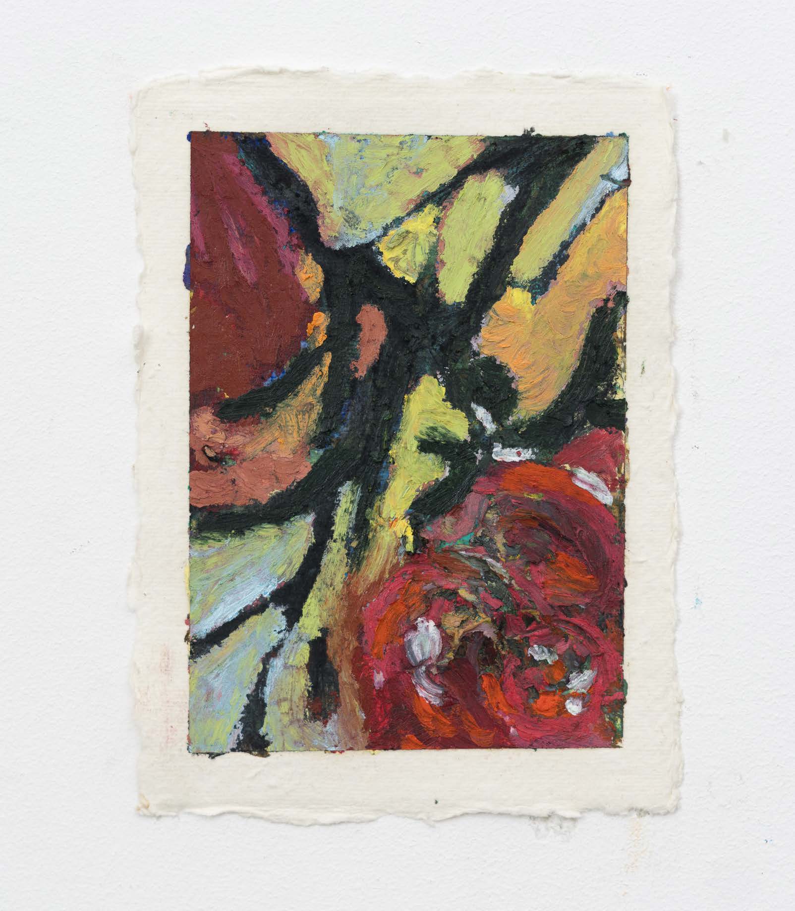 Bold black branches crossing green, yellow and red colour on textured paper.