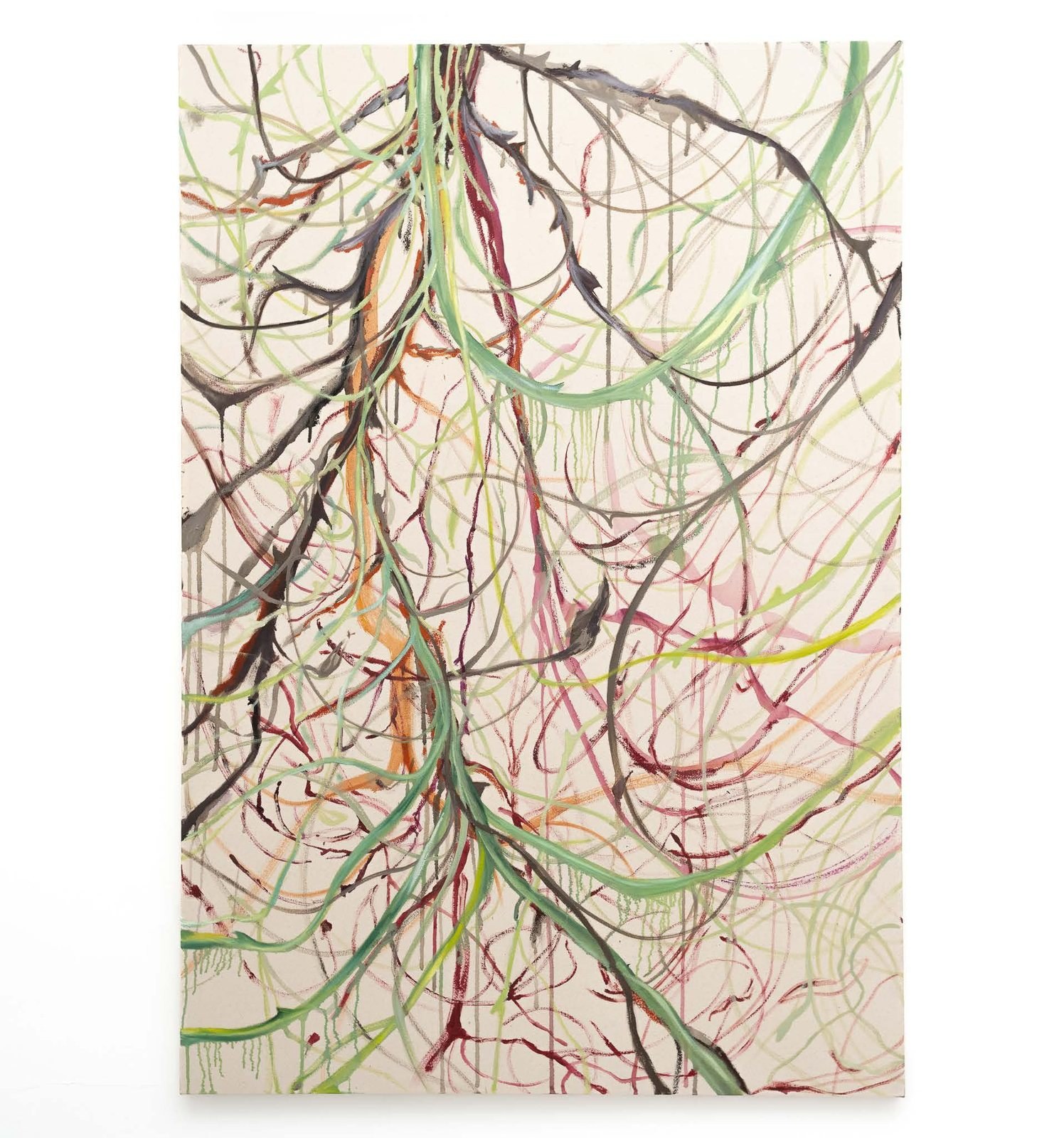 A pale canvas covered in branching lines of charcoal, green and red.