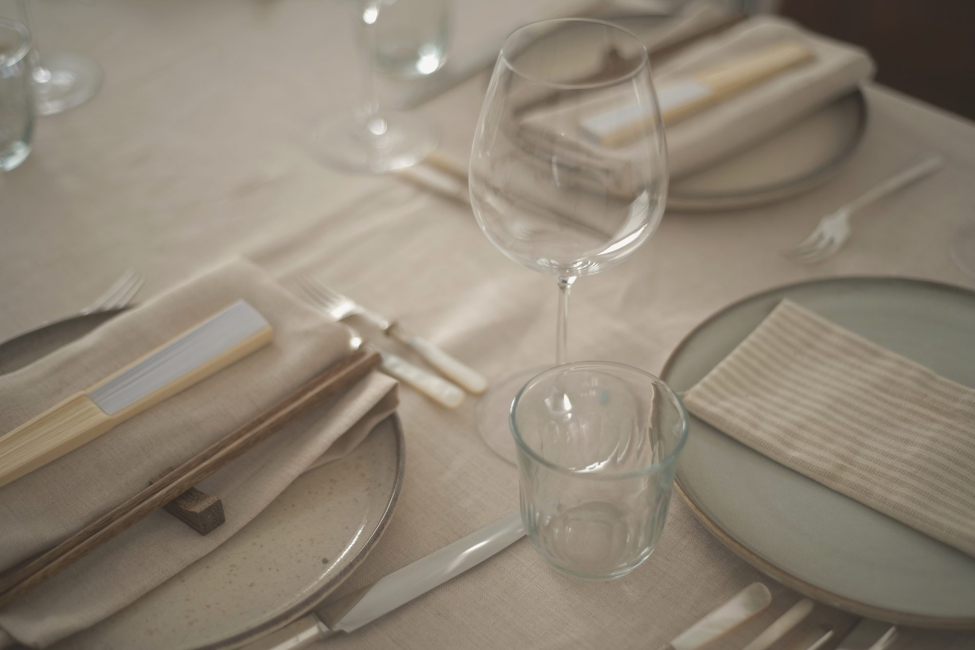 The table set with linen, ceramic plates, glasses and folded menus before the performance.