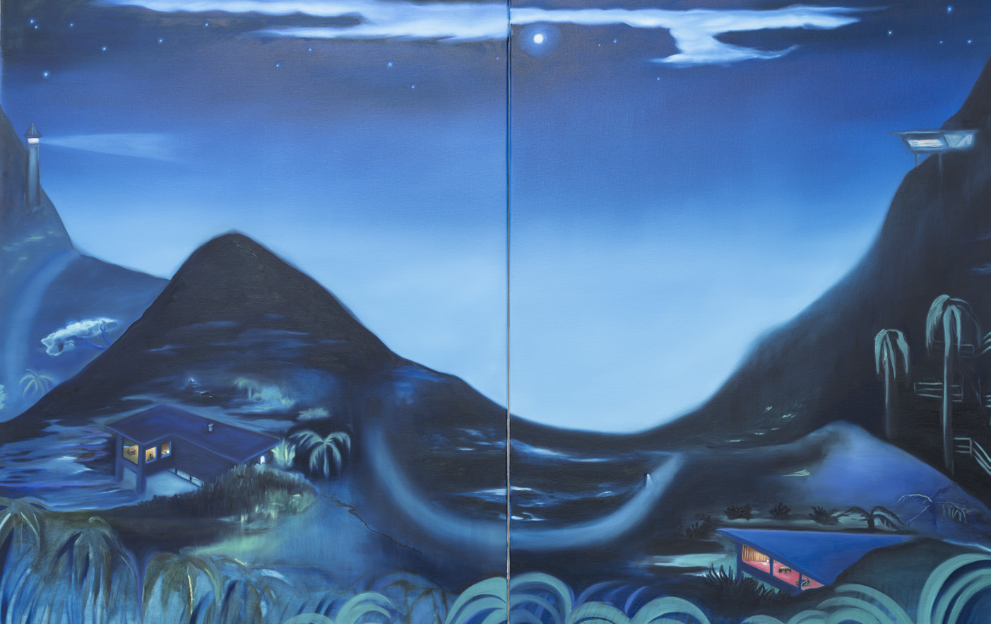 A wide blue nocturnal landscape with mountains, vegetation and a lit house.