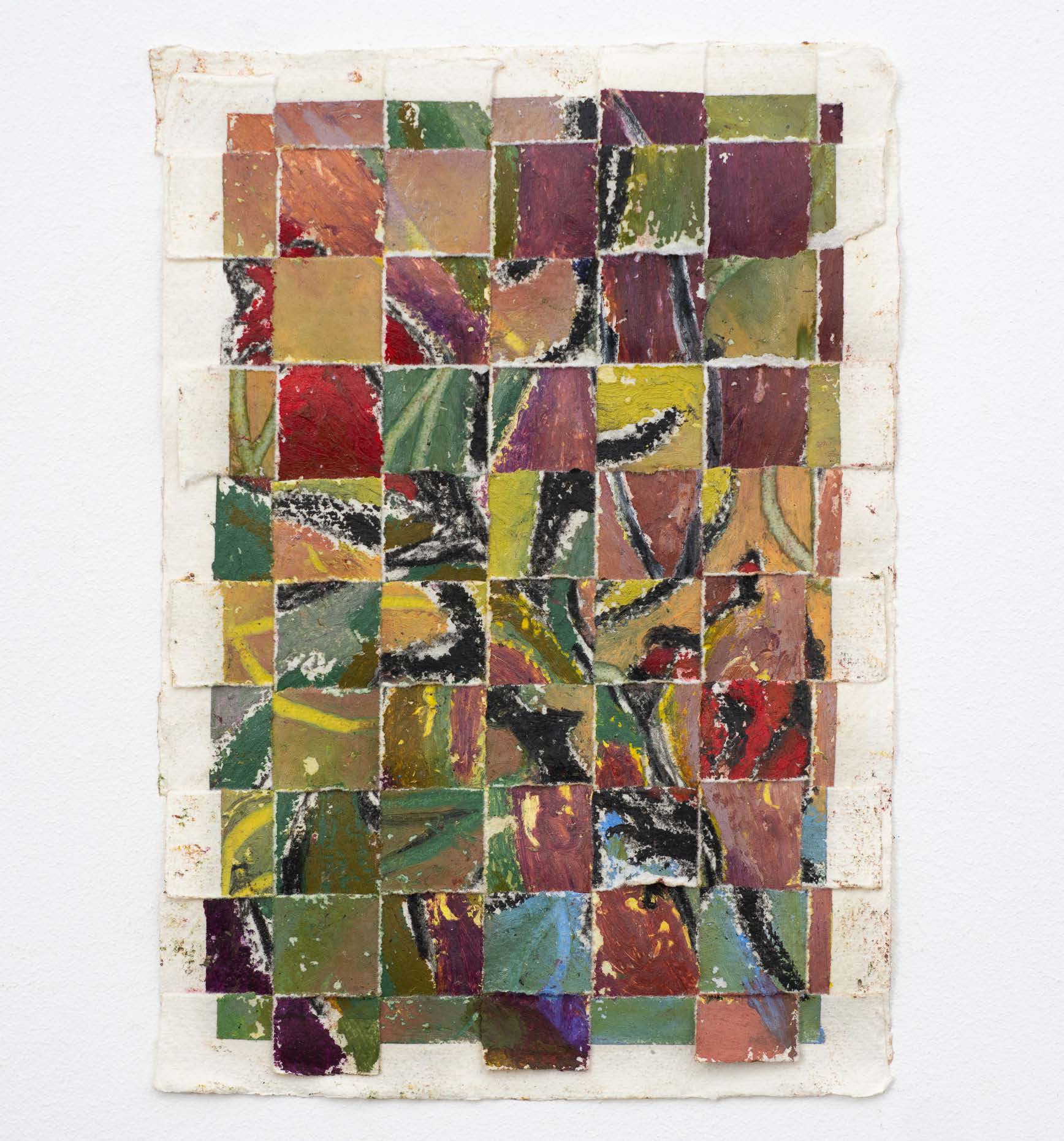 A compact woven canvas of green, red, cream and dark painted strips.
