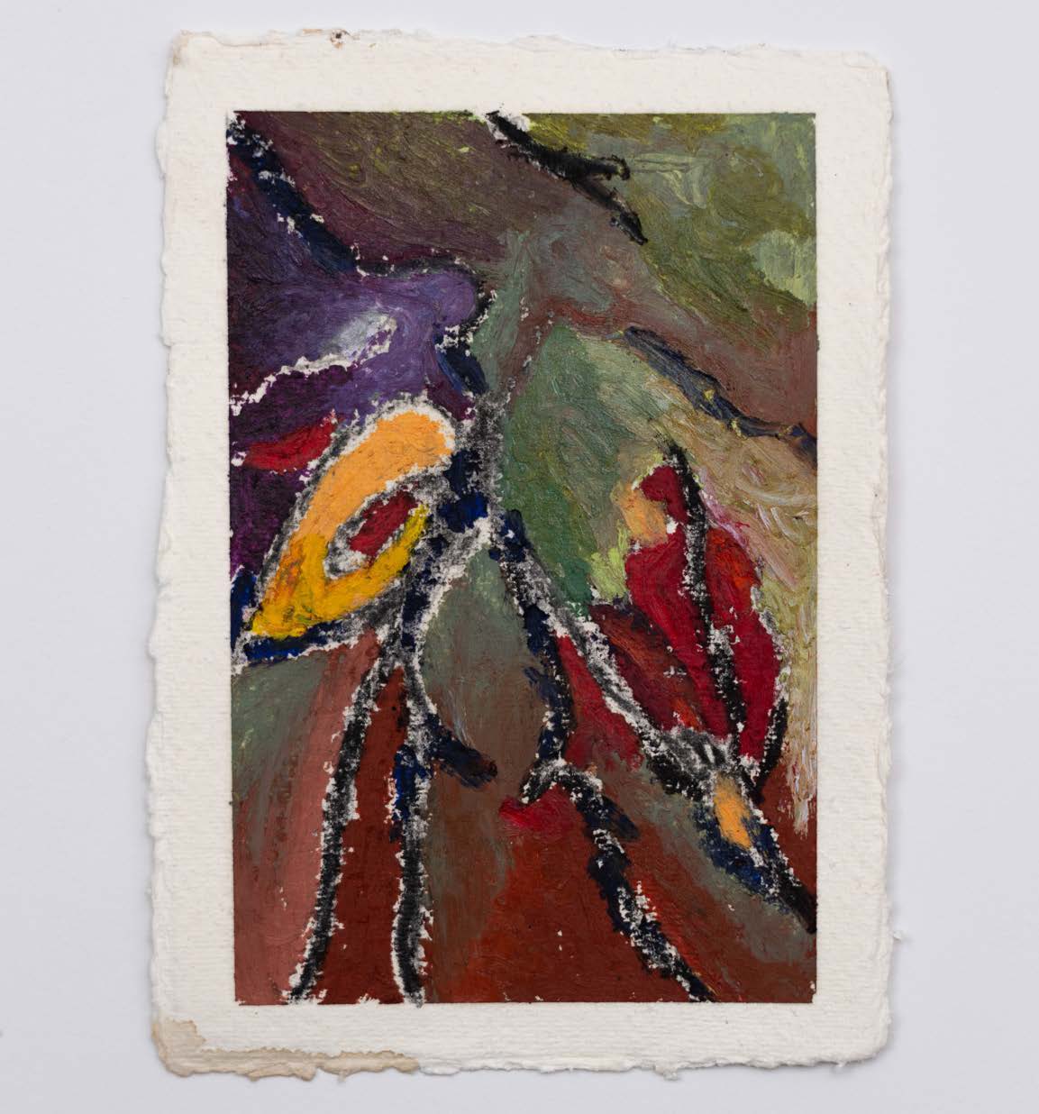 A red flower surrounded by purple and green leaves on paper.