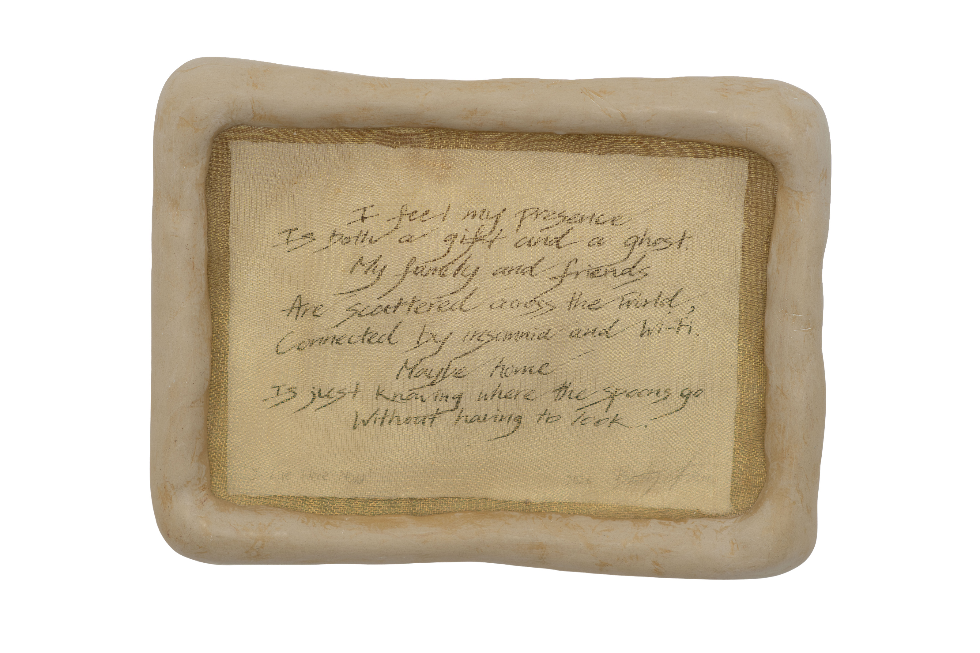 Betty C Fan, Where the Spoons Go. A shallow ceramic tray containing a handwritten poem, photographed against white.