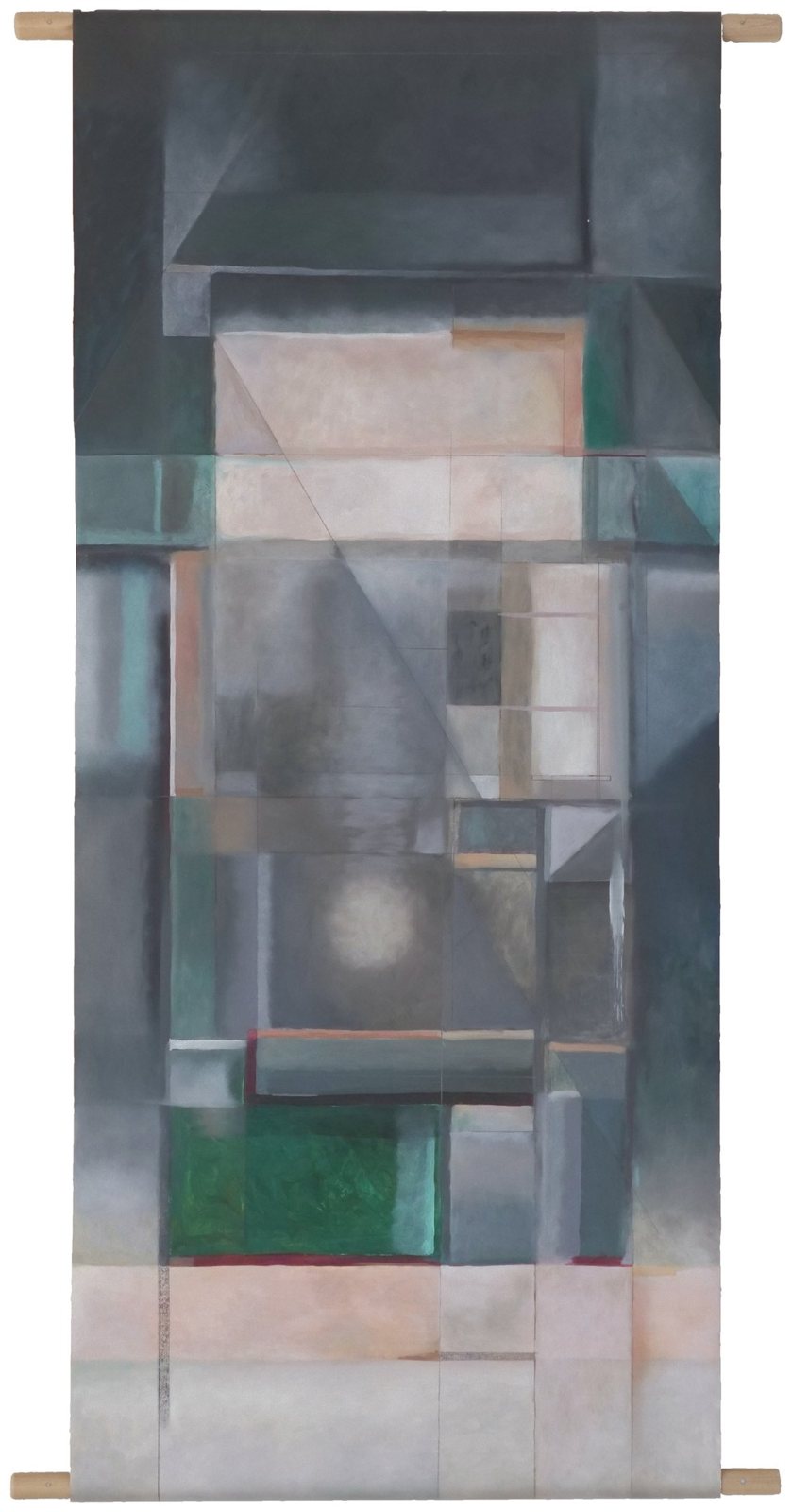 Hayfa Algwaiz, Basement: a tall floor plan painted with deeper greens and a pale circle, hung from a dowel.