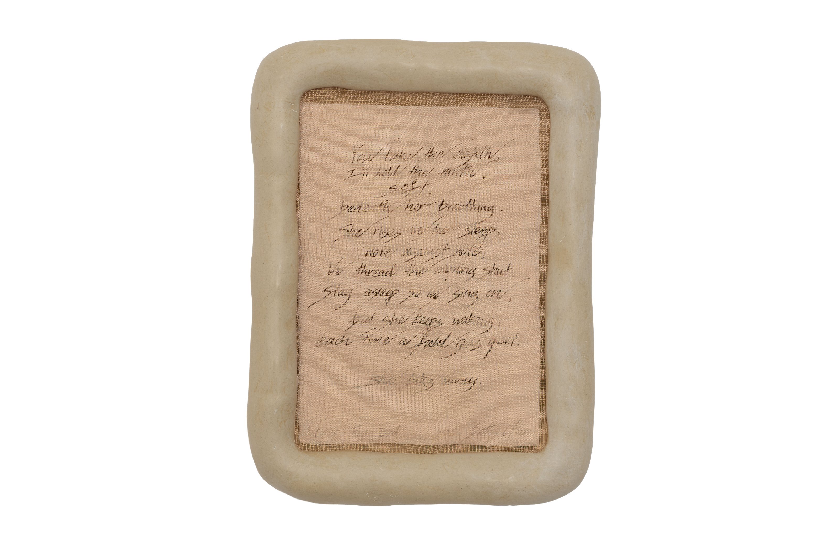 Betty C Fan, Choir – From Her. A tall rounded ceramic work with handwritten lines on a pale pink inset.