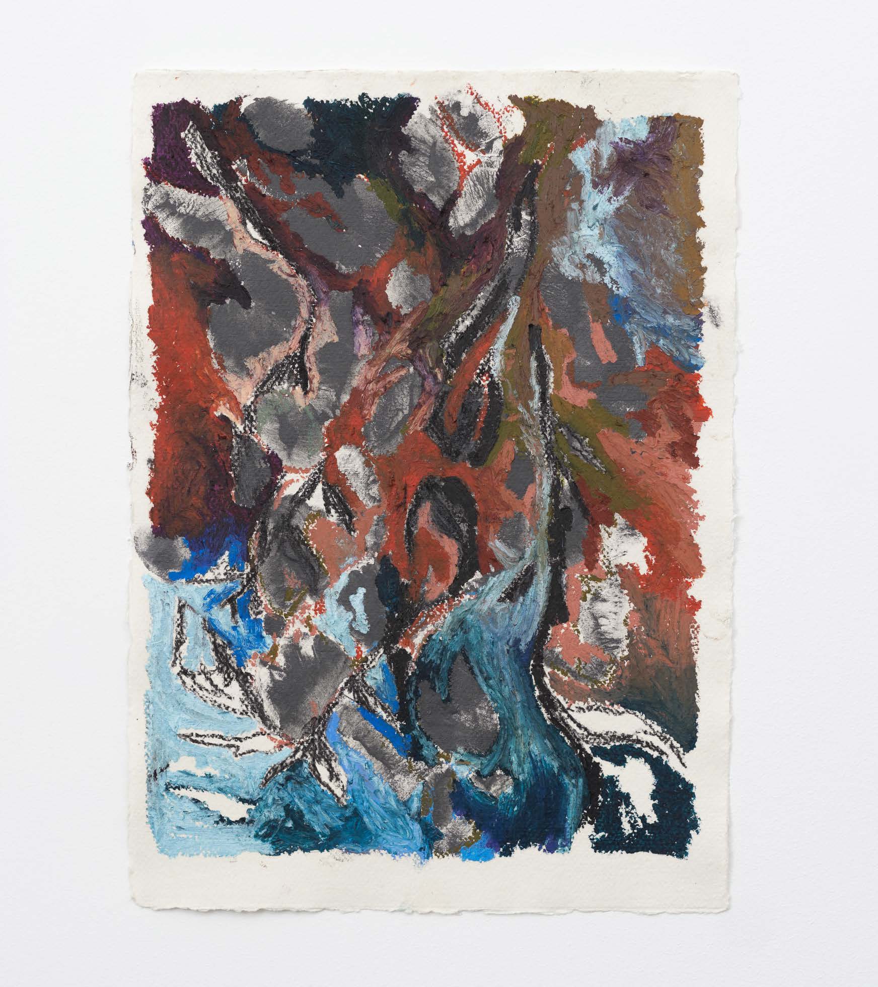 Layered blue, brown and grey marks surrounding a branching form on paper.