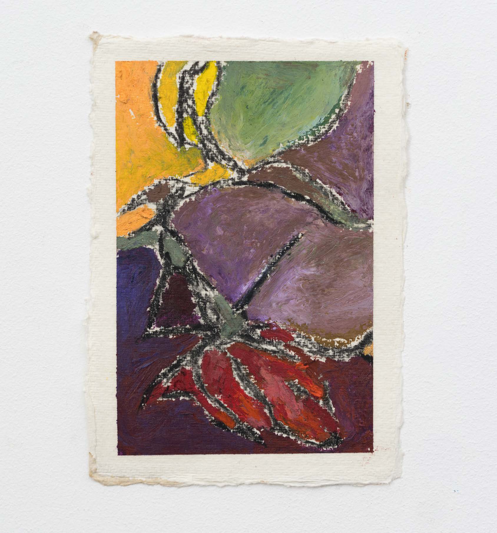 Purple and ochre leaves outlined over a pale green ground on paper.
