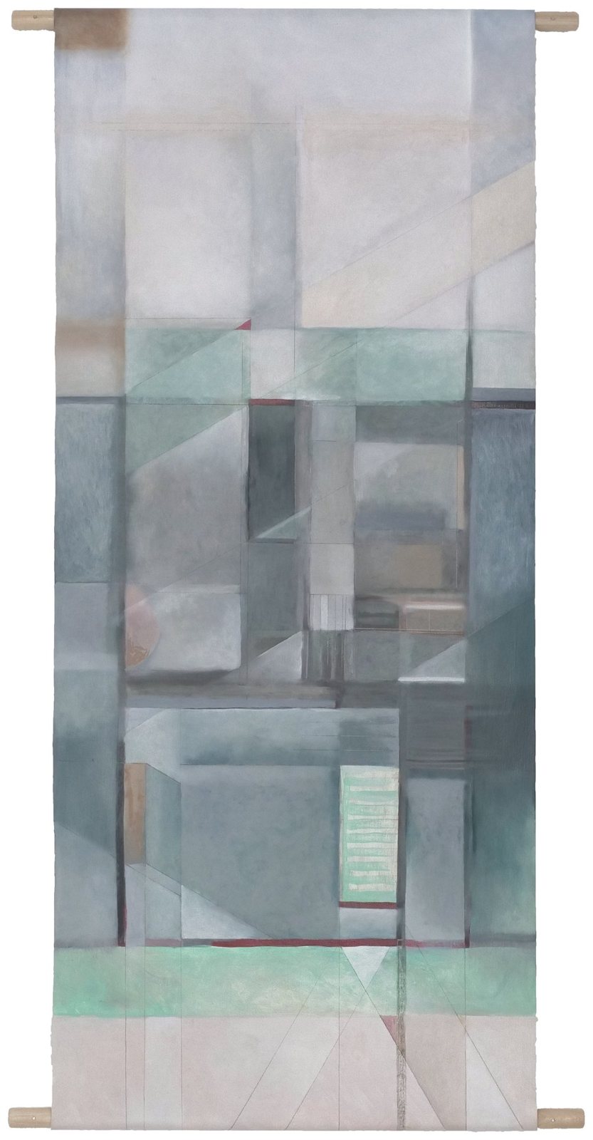 Hayfa Algwaiz, Ground Floor: a tall floor plan painted in soft greys, greens and pinks, hung from a dowel.